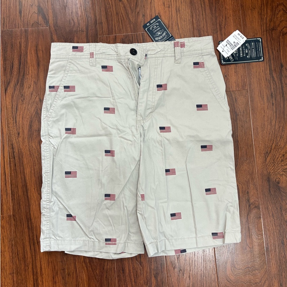 Flat Front Tan Shorts with Embroidered Flags